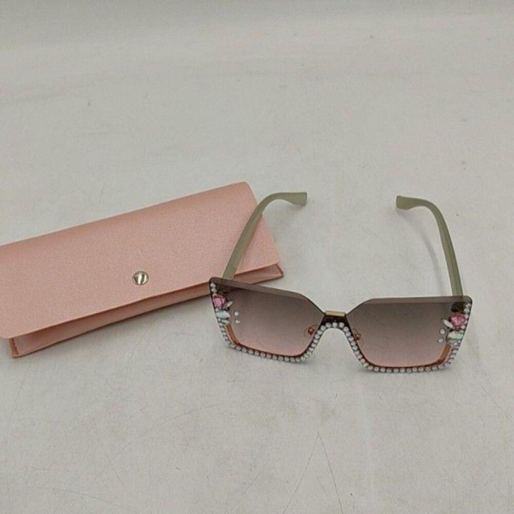 Floral Fashion Geometric Sunglasses Womens Green Rimless Brown Gradient Lens